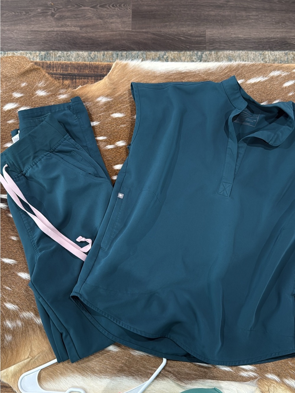 Figs Teal Utility Scrub Top & Pants with Pink Drawstring